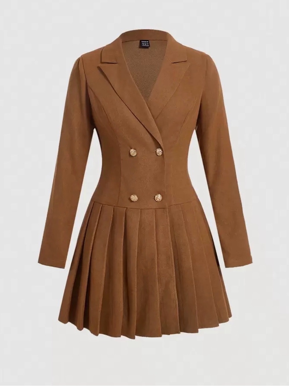 Womens Double-Breasted Pleated Coat Dress - Brown